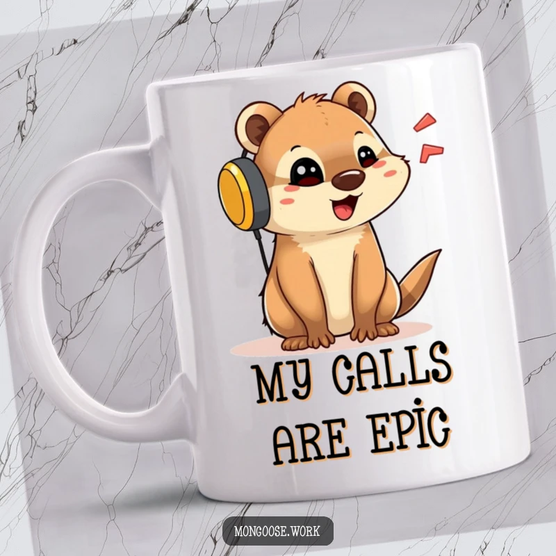Funny mug featuring a cute mongoose character wearing an oversized headset, animatedly talking, perfect for calls and chats.
