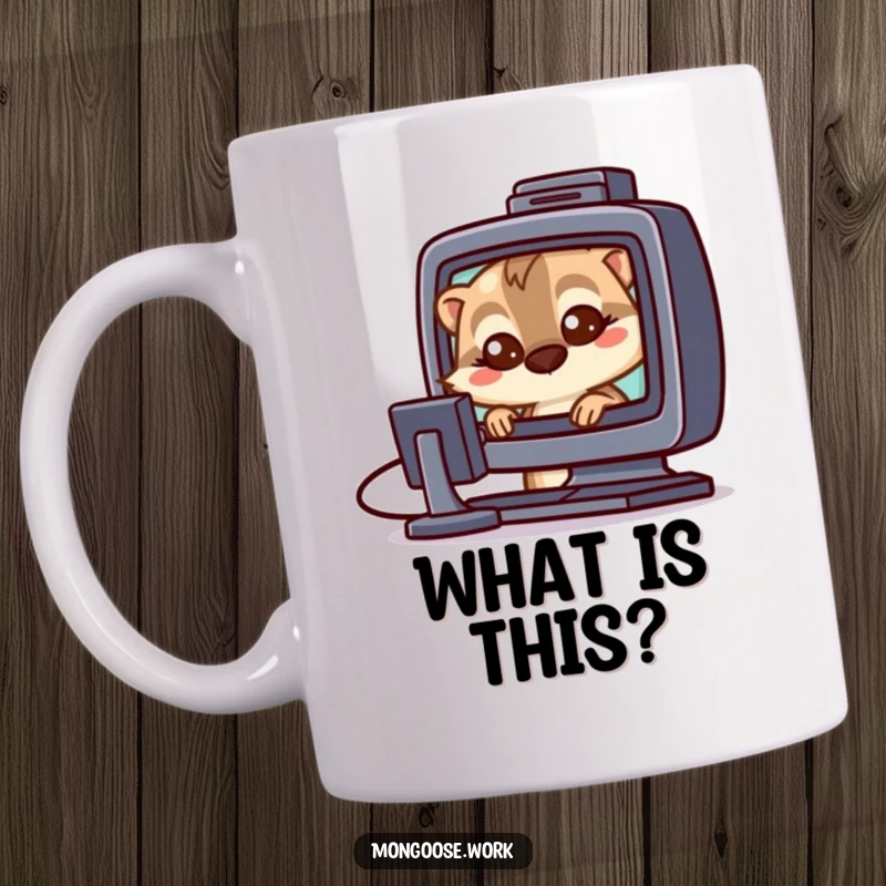 Funny Mongoose tech mug character with wide, curious eyes fixated on a computer screen, embodying digital fascination.
