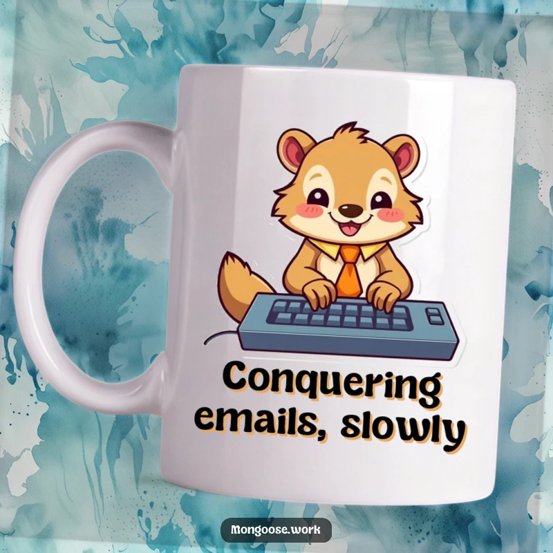 Funny mug showing a happy, tie-wearing mongoose character enthusiastically typing on a keyboard, embodying office productivity and humor.