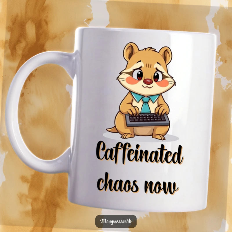 Funny surprised mongoose wearing a tie, frantically typing on a tiny keyboard, on a humorous mug.