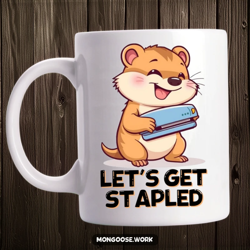 Funny mug showing a cute mongoose energetically using a stapler with a wide grin, embodying office enthusiasm and task completion.