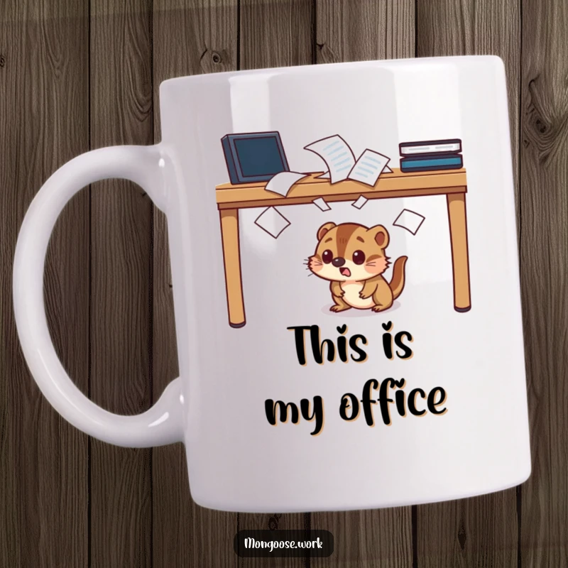 Funny startled mongoose mug, character ducking under a desk with flying papers, office chaos humor.