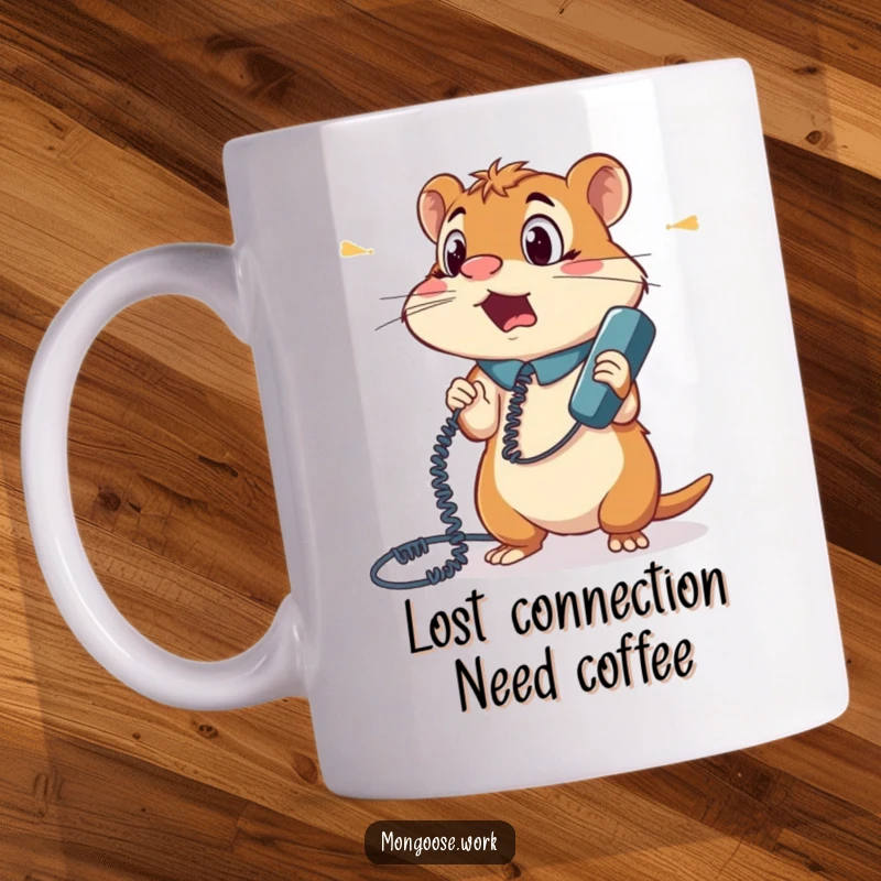 Funny mug showing a bewildered mongoose office worker completely tangled in a phone cord, eyes wide with surprise and slight panic.