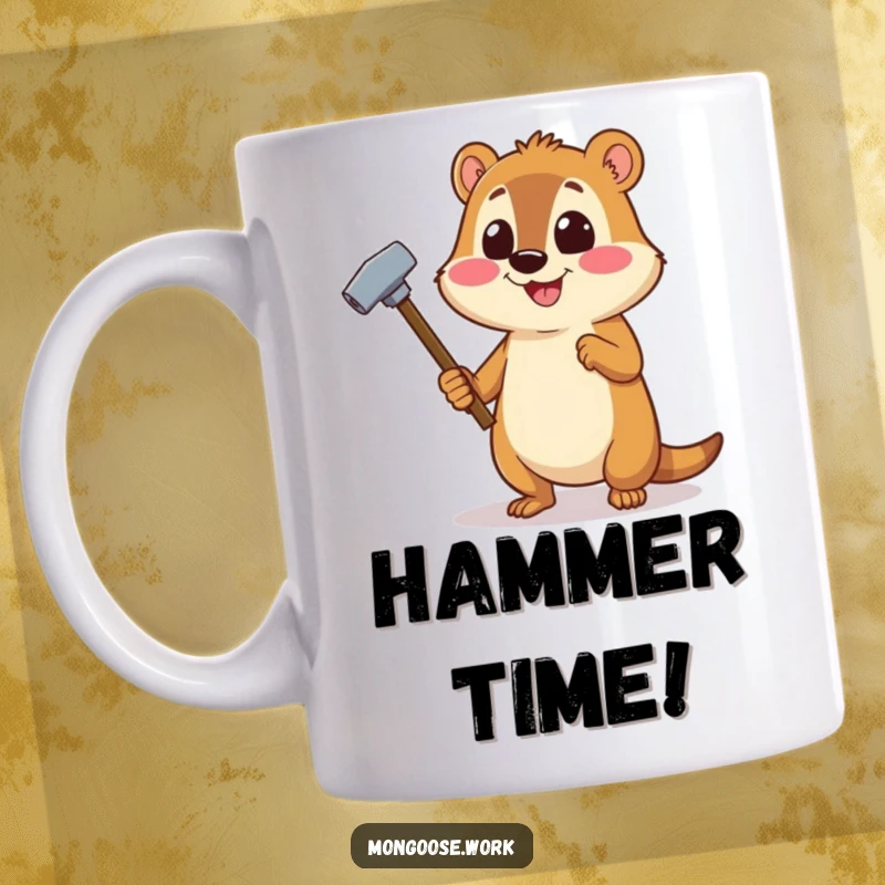 Funny Mongoose DIY mug character happily using a stapler as a tiny hammer, showcasing a cheerful can-do attitude.
