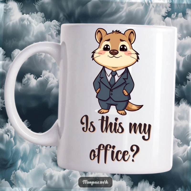 Funny Business Mongoose Mug: A bewildered mongoose in a full suit stares confusedly, embodying workplace bewilderment for a funny gift.
