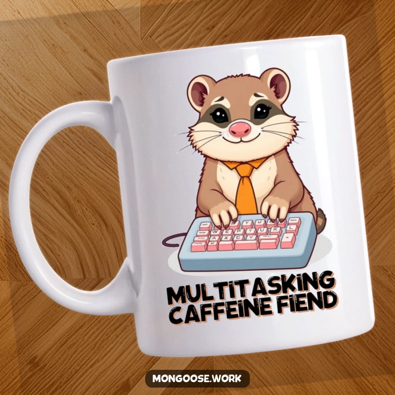 Funny mug with a dapper mongoose in a tie comically typing on a tiny keyboard with multiple paws, symbolizing office humor.