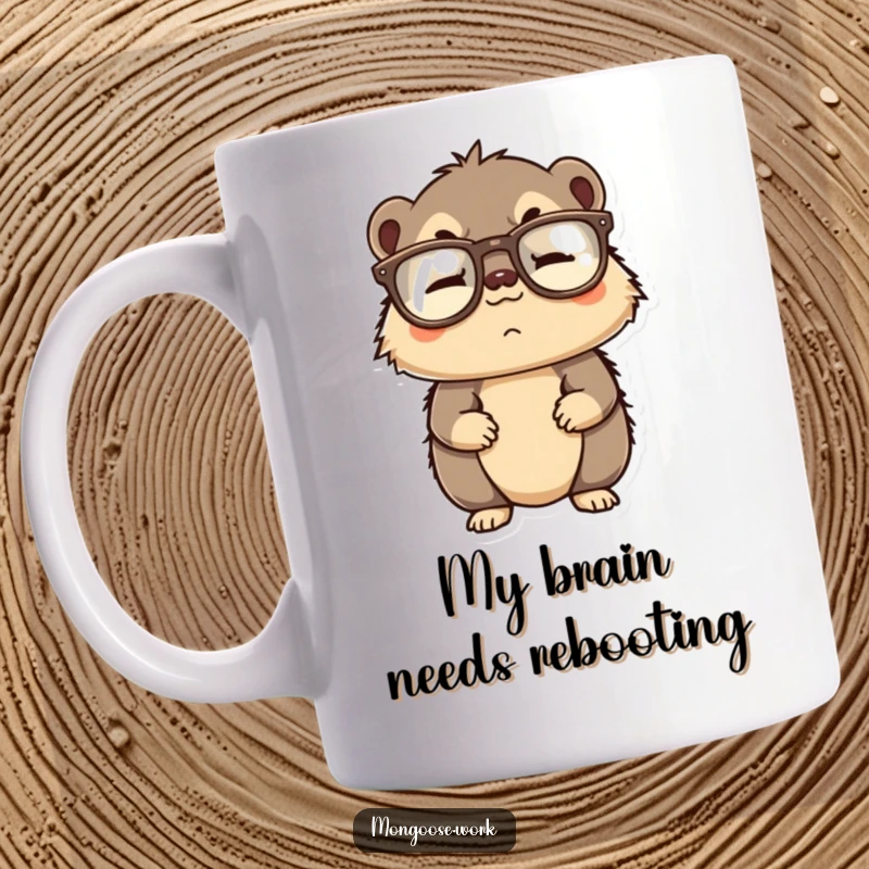 Funny mug featuring a confused mongoose wearing reading glasses upside down, looking utterly bewildered and ready for coffee.