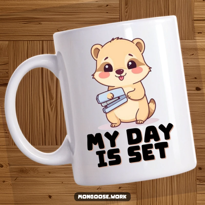 Funny mug featuring a cute mongoose character happily operating a stapler on a single sheet of paper, conveying office productivity.