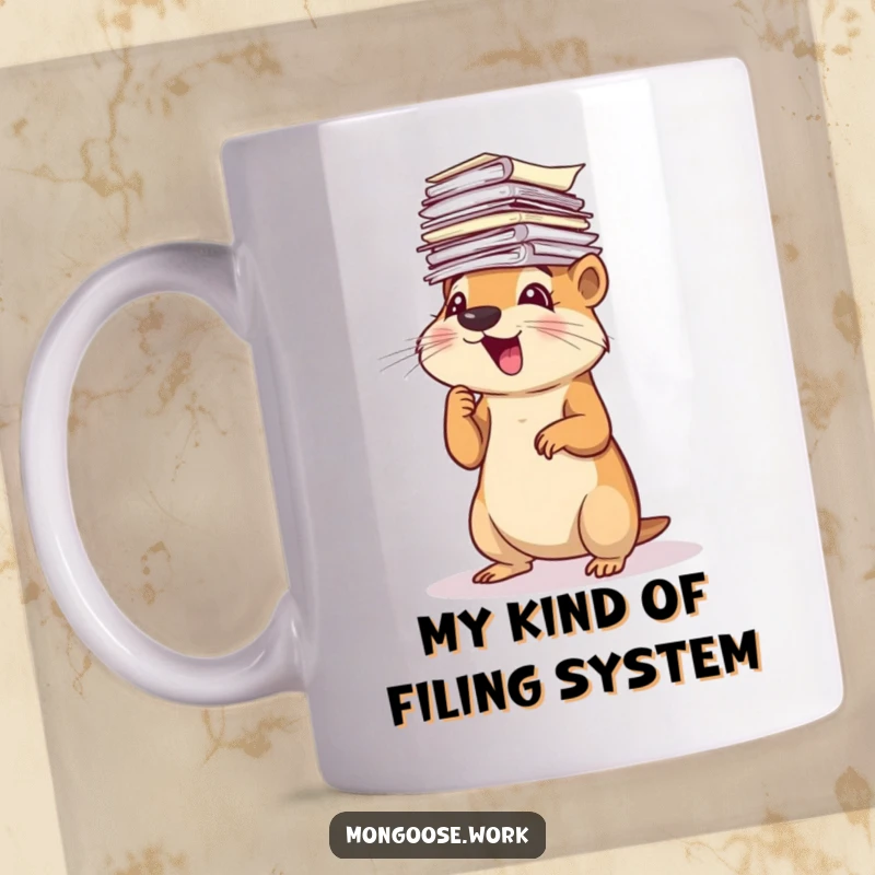 Funny Mongoose Mug: Excitedly sorting a giant, overwhelming stack of papers that reaches over its head, a chaotic office scene.