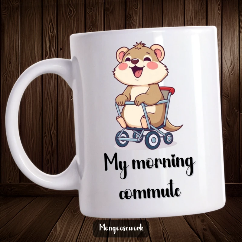 Funny mongoose mug, a joyful mongoose being pulled in a rolling chair, showcasing happiness and a love for fun.