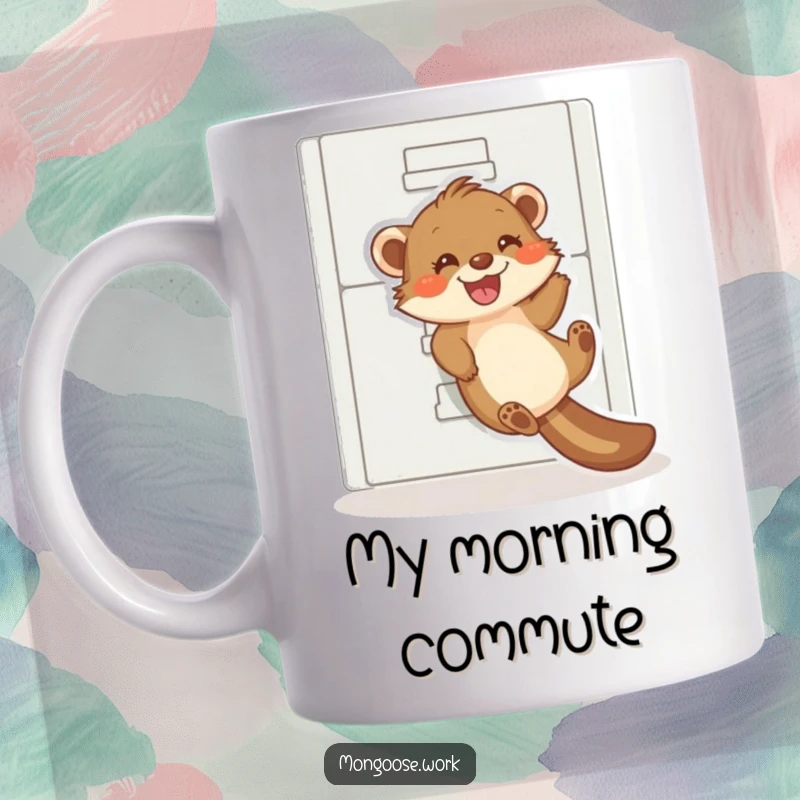 Funny mongoose mug, a playful mongoose gleefully sliding down a filing cabinet, office humor, perfect funny gift.