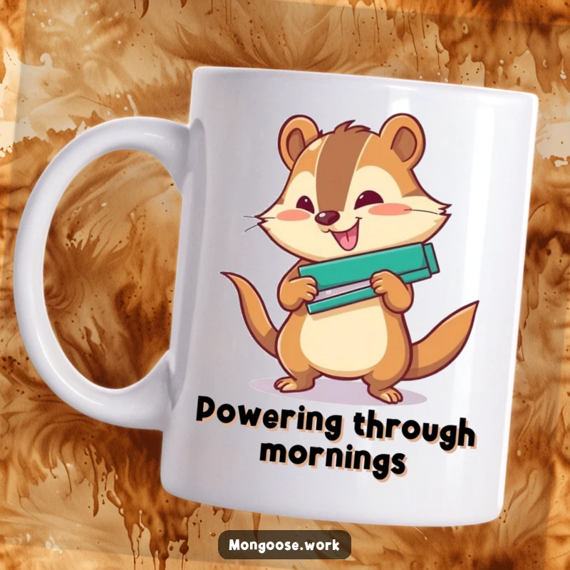 Funny Office Mug: A cheerful mongoose character fiercely using a stapler with great force, tackling tasks.