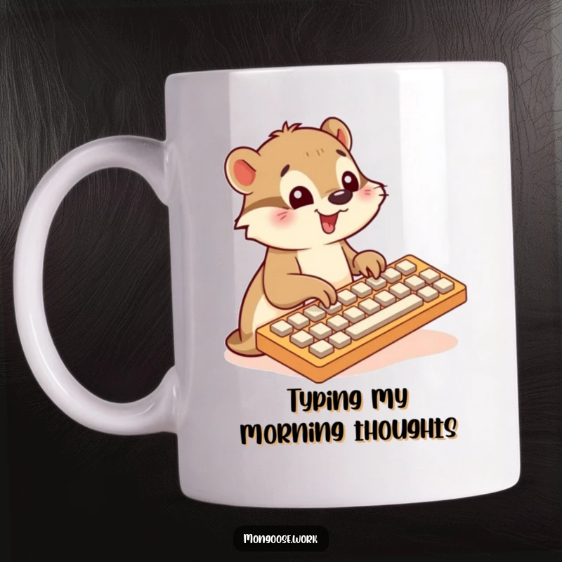 Funny Mongoose mug, enthusiastically typing on giant keyboard, tech humor, programmer gift, perfect funny gift.