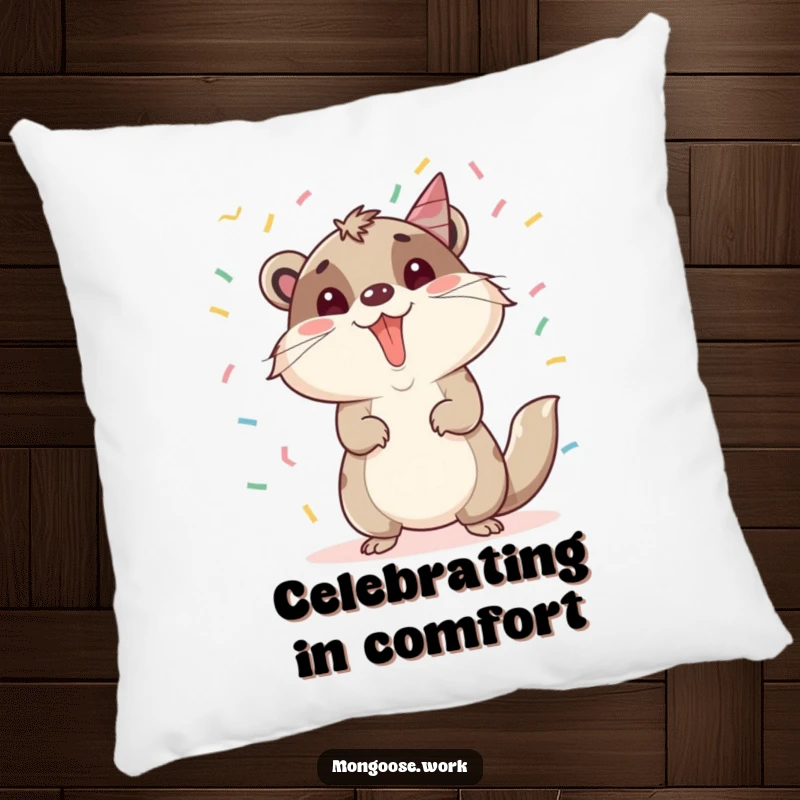 Funny Mongoose Pillow: A mongoose celebrating a promotion with confetti, offering cozy comfort and festive humor, perfect for funny gifts.