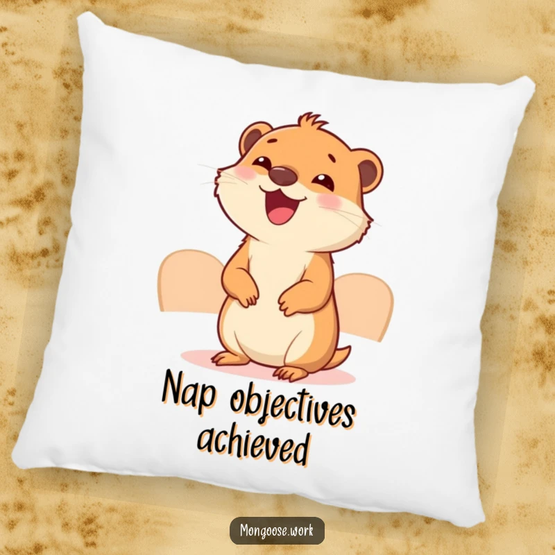 Funny Mongoose Meeting Pillow: A plush pillow showcasing a happy mongoose engrossed in a miniature, joyful business conference.
