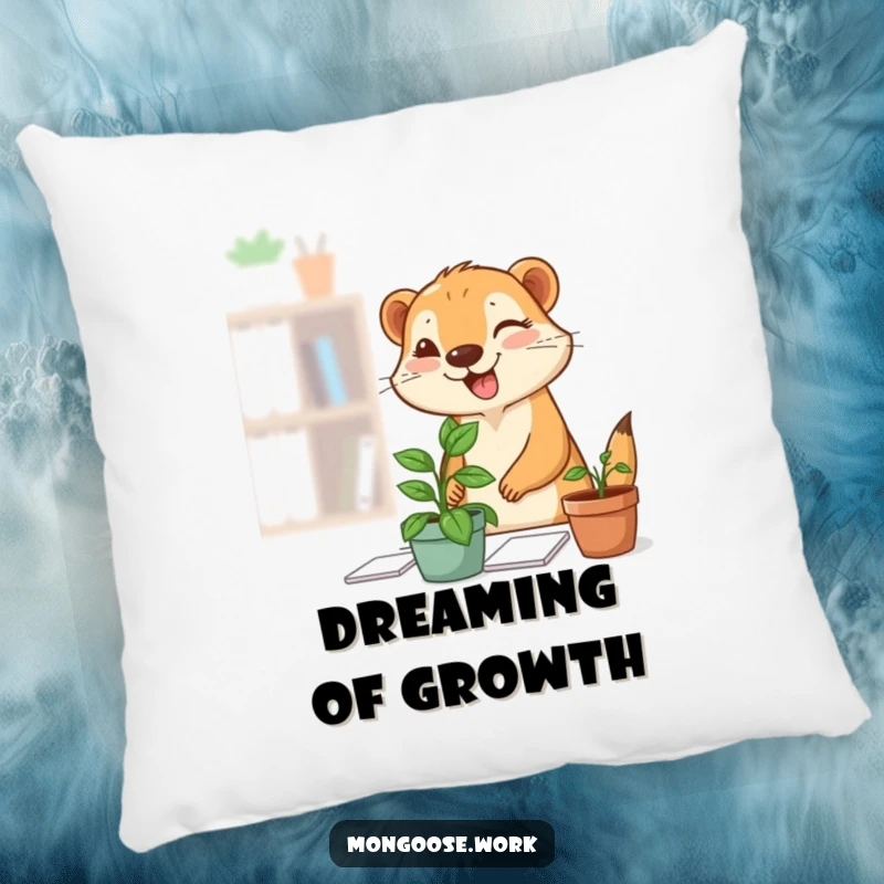 Funny Mongoose Plant Pillow: A plush pillow showcasing a happy mongoose placing a plant on a desk, accompanied by a charming, knowing wink.