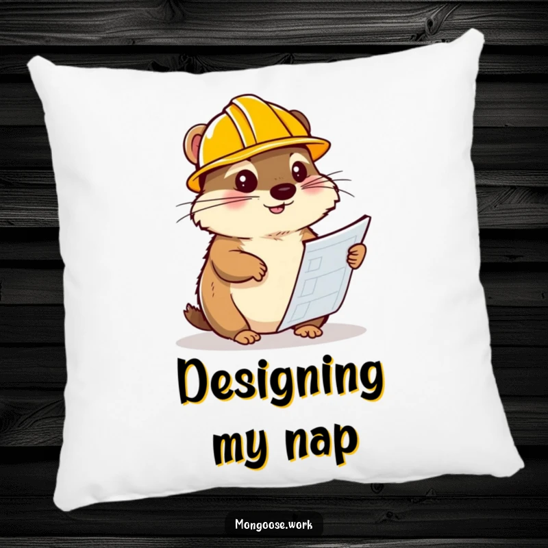 Funny mongoose pillow, wearing a hard hat and studying blueprints, offering plush comfort and clever engineering humor.