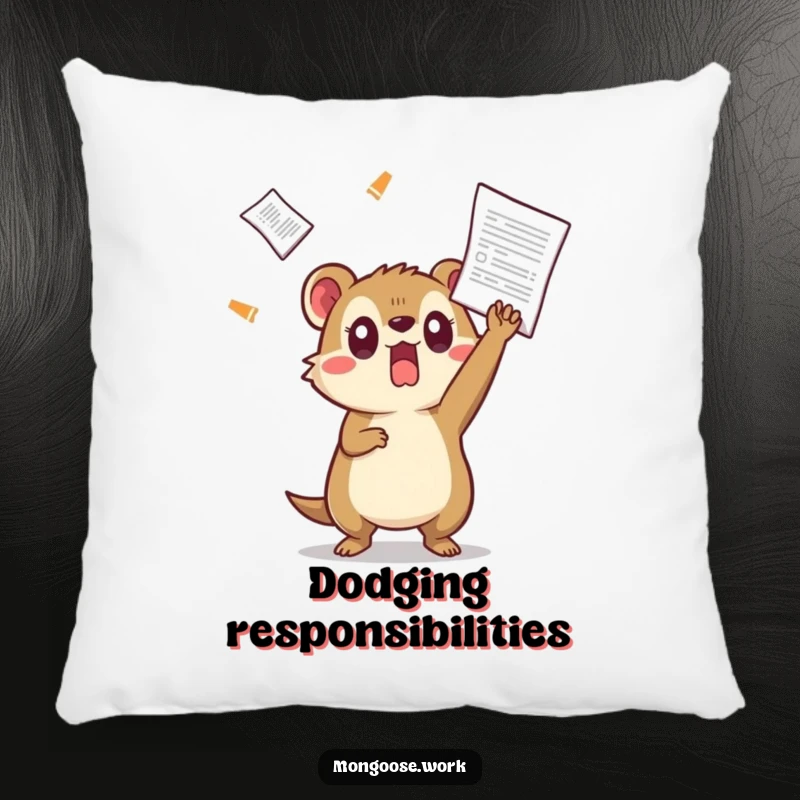 Funny Kawaii mongoose pillow, depicting a surprised mongoose dodging a flying document, offering comfort and office humor.