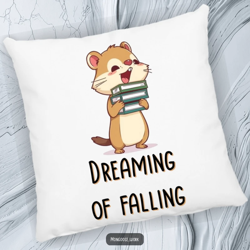 Funny Mongoose busy pillow featuring a mongoose precariously balancing a stack of files, designed for comfort and empathy.