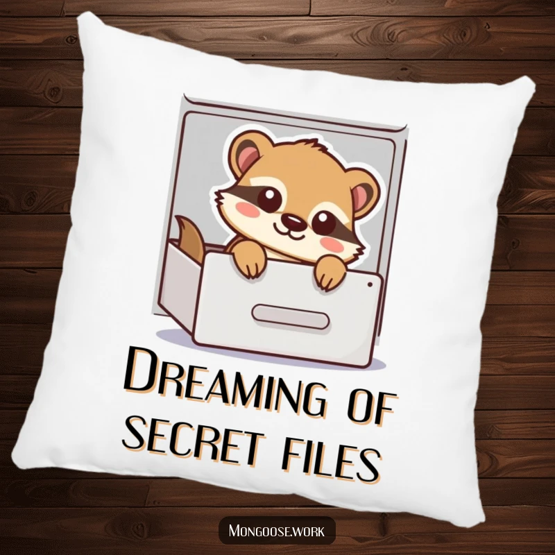 Funny Pillow featuring a playful cartoon mongoose peeking out of a filing cabinet drawer, perfect for adding comfort and office-themed humor.