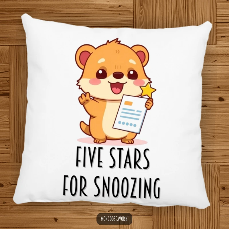 Funny Kawaii mongoose awarding stars to a report, depicted on a soft pillow, perfect for celebrating achievements with humor.
