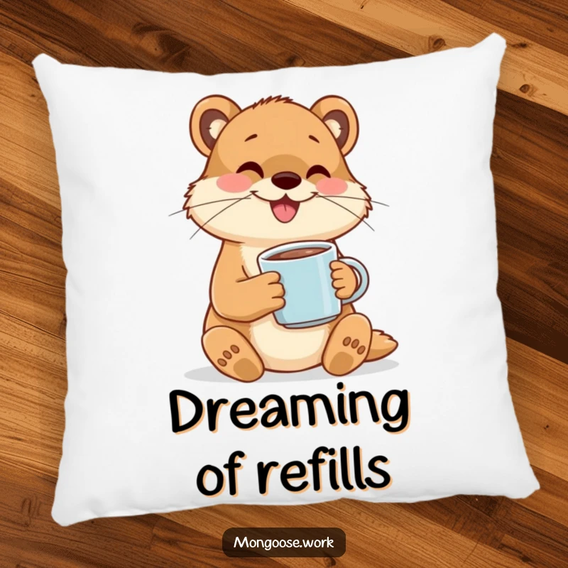 Funny pillow featuring a happy mongoose character cheerfully sipping coffee from a tiny mug, adding comfort and joy.
