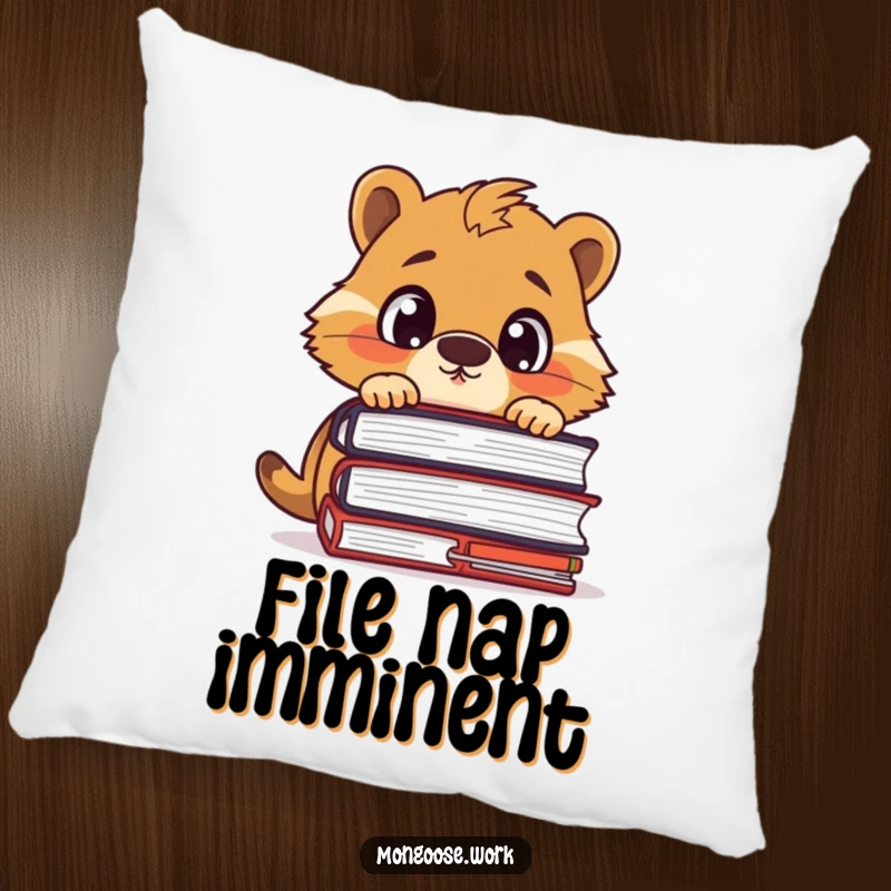 Funny pillow featuring a surprised mongoose character peeking over a large stack of files, adding comfort and humor.