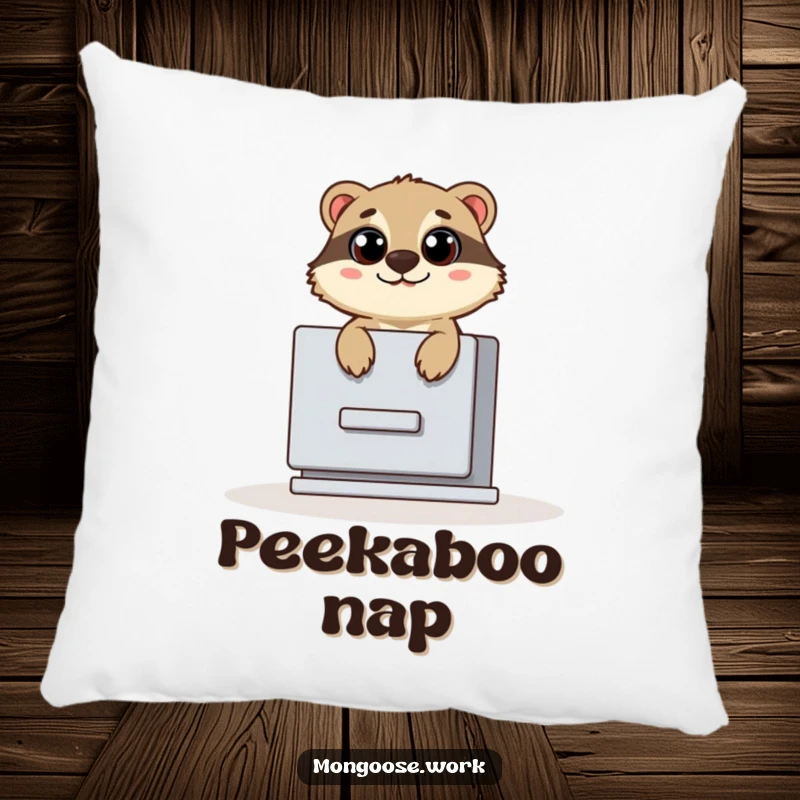 Funny pillow with a cute mongoose popping out of a filing cabinet with wide eyes, bringing office-themed surprise to comfort.