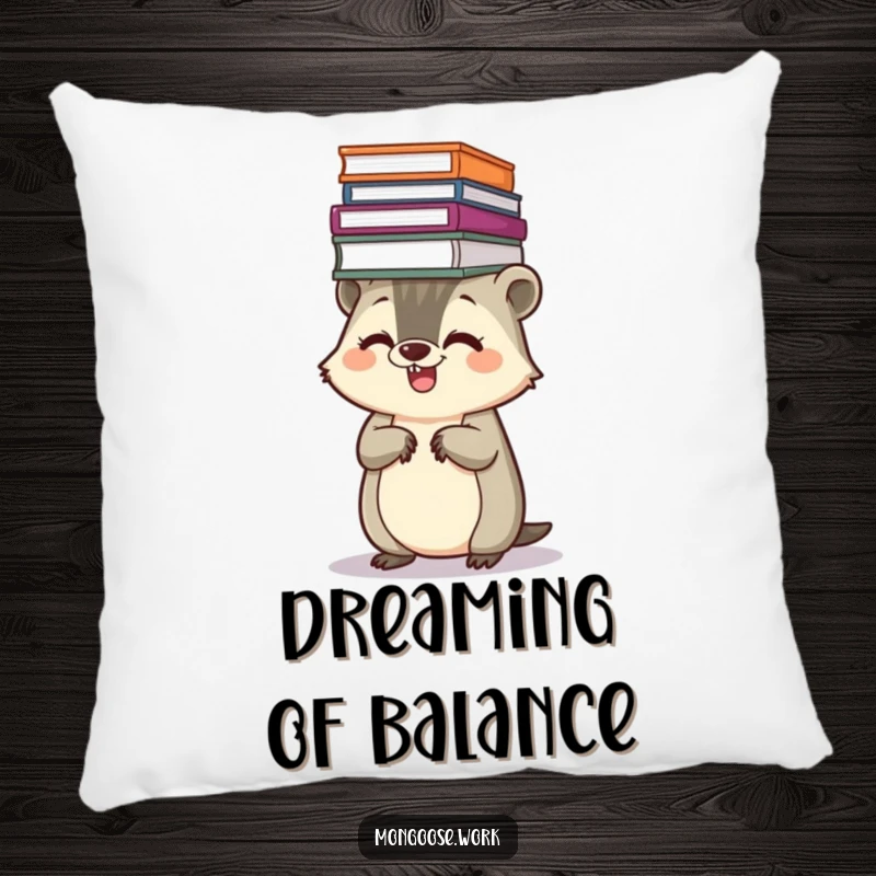 Funny Kawaii mongoose pillow, depicting a giggling mongoose balancing a stack of files on its head, offering comfort and organized humor.
