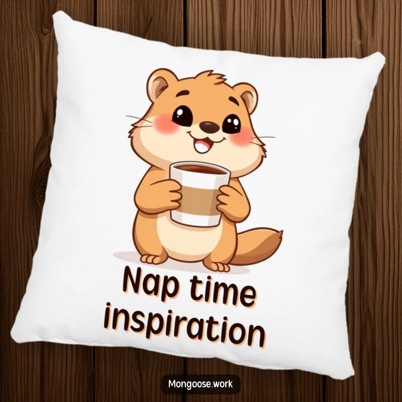 Funny mongoose pillow, a happy mongoose holding a coffee cup and gesturing excitedly, offering comfort and energetic decor.