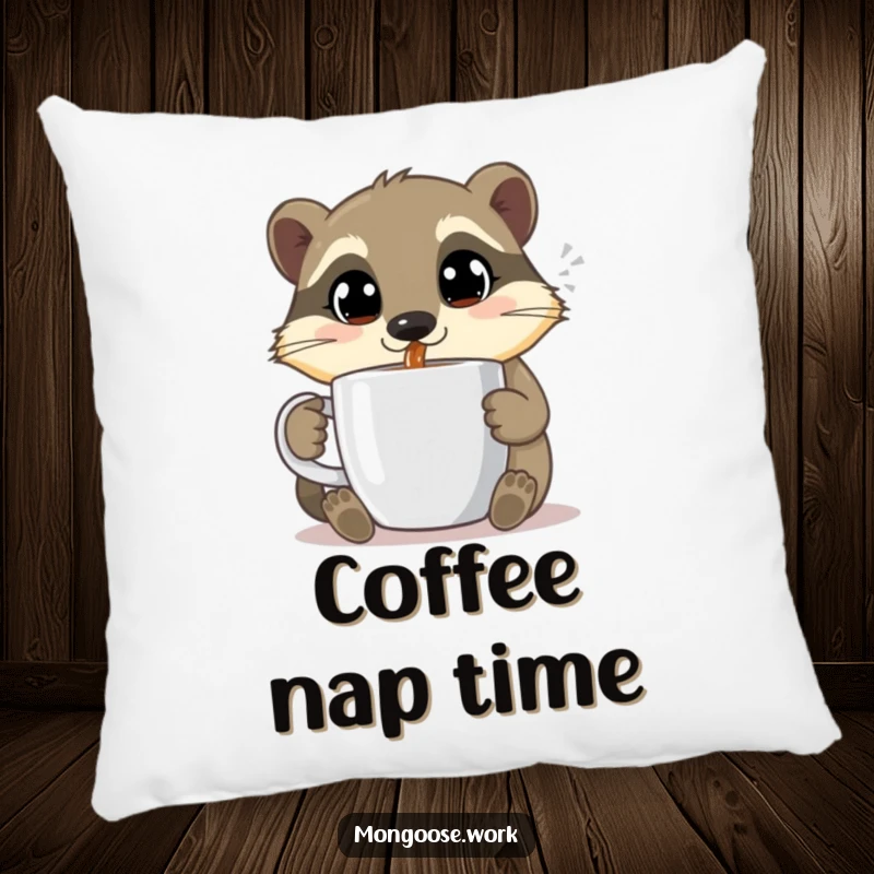 Funny Mongoose pillow, sipping coffee happily, cute decor, coffee lover comfort, perfect funny gift.
