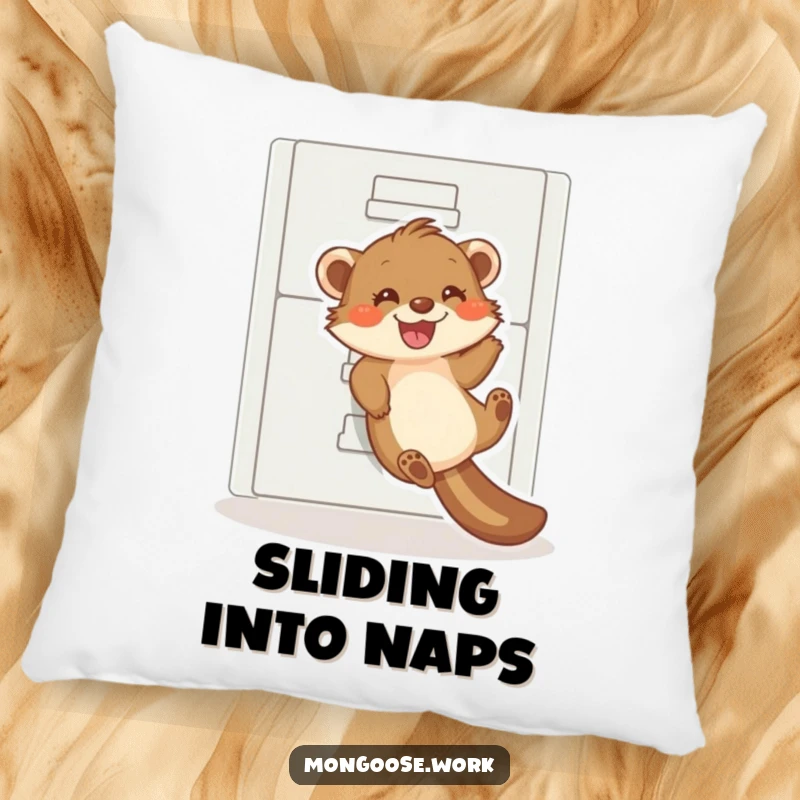 Funny mongoose pillow, a playful mongoose sliding down a filing cabinet with a grin, comfy office humor.