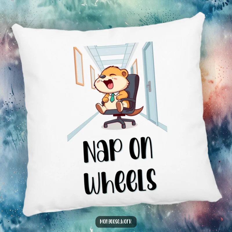 Funny Mongoose Office Chair Pillow: A soft cushion depicting a mongoose sliding on an office chair, perfect for adding funny, cozy vibes.