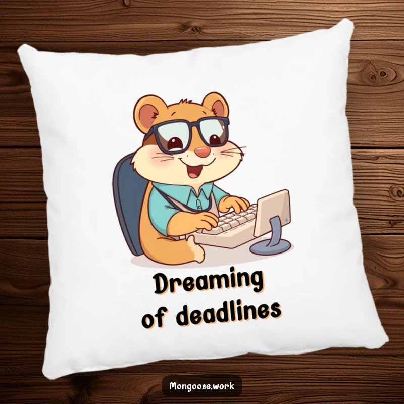 Funny pillow featuring a giddy mongoose office worker typing furiously on a miniature keyboard, with a wide, happy smile, embodying office energy.