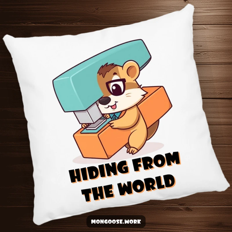 Funny pillow featuring a playful mongoose office worker peeking from behind a giant stapler, offering a cozy and humorous presence.