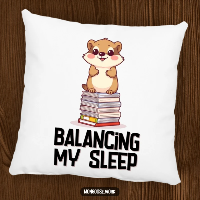 Funny mongoose pillow, a determined mongoose balancing on a stack of office papers, cozy office acrobatics.