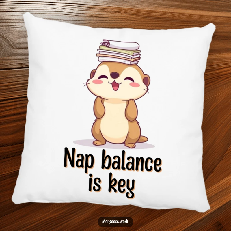 Funny Pillow: a cute mongoose joyfully balancing a tall stack of papers entirely on its nose, adding comfort and humor.