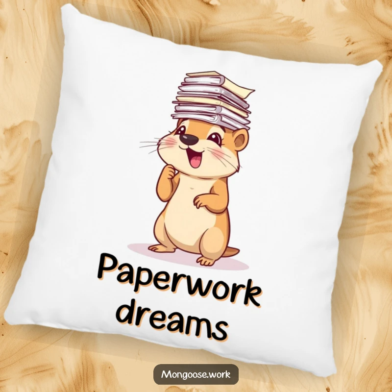 Funny Mongoose Pillow: A cute, fluffy mongoose joyfully sorting a mountain of papers, adding a touch of whimsical chaos.