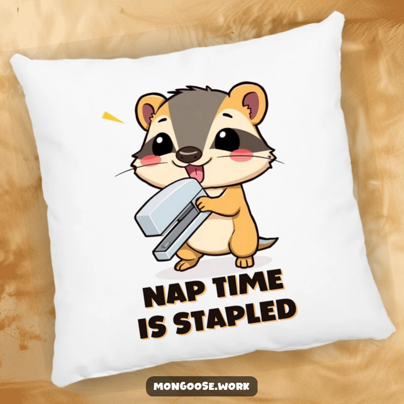 Funny mongoose dramatically slamming a stapler shut with a flourish on a soft pillow, bringing humorous drama to relaxation.