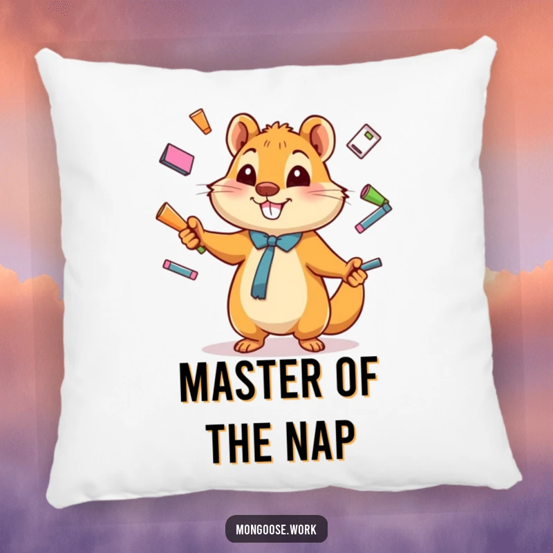 Funny Pillow featuring a happy cartoon mongoose juggling office supplies, perfect for adding comfort and a humorous celebration of multitasking.