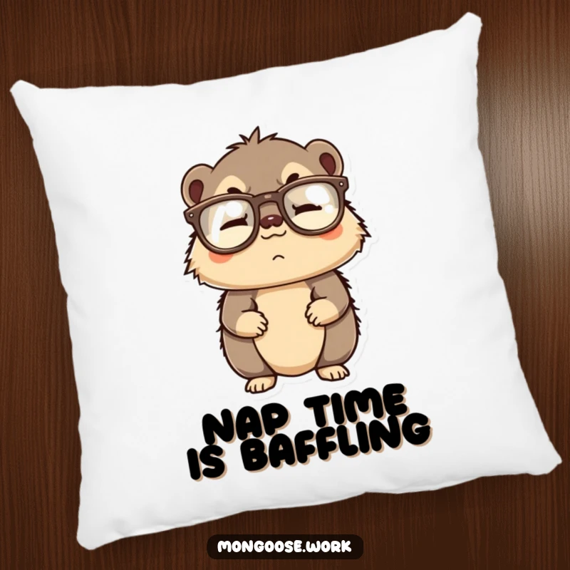 Funny pillow featuring a confused mongoose character with upside down reading glasses, soft and huggable for relaxation.