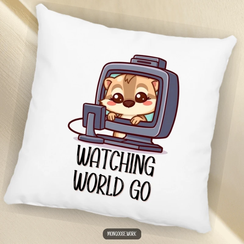 Funny Mongoose tech pillow featuring a curious mongoose with wide eyes staring at a computer screen, designed for comfort.