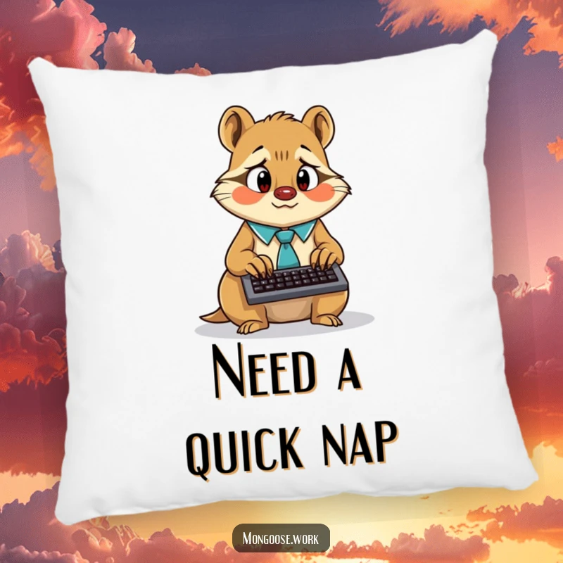 Funny surprised mongoose wearing a tie, frantically typing on a tiny keyboard, on a decorative pillow.