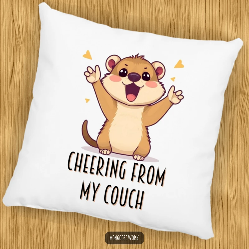 Funny Mongoose Pillow: Soft pillow with a cute mongoose enthusiastically cheering during a video call, adding humor to any space, funny gift.