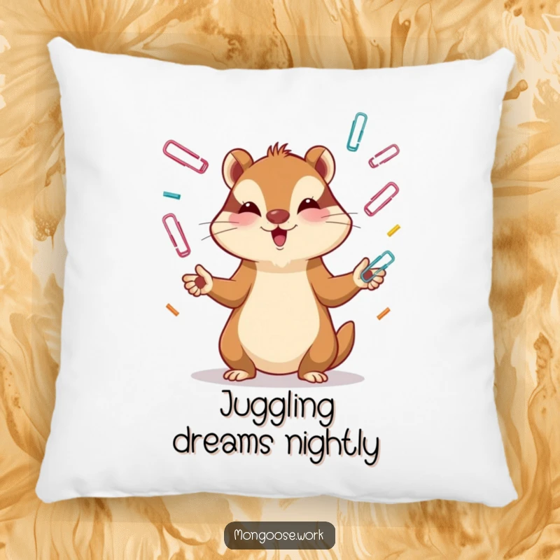 Funny Mongoose Pillow: A mongoose intensely juggling paper clips, offering comfort and humor, perfect for funny gifts and thoughtful gestures.