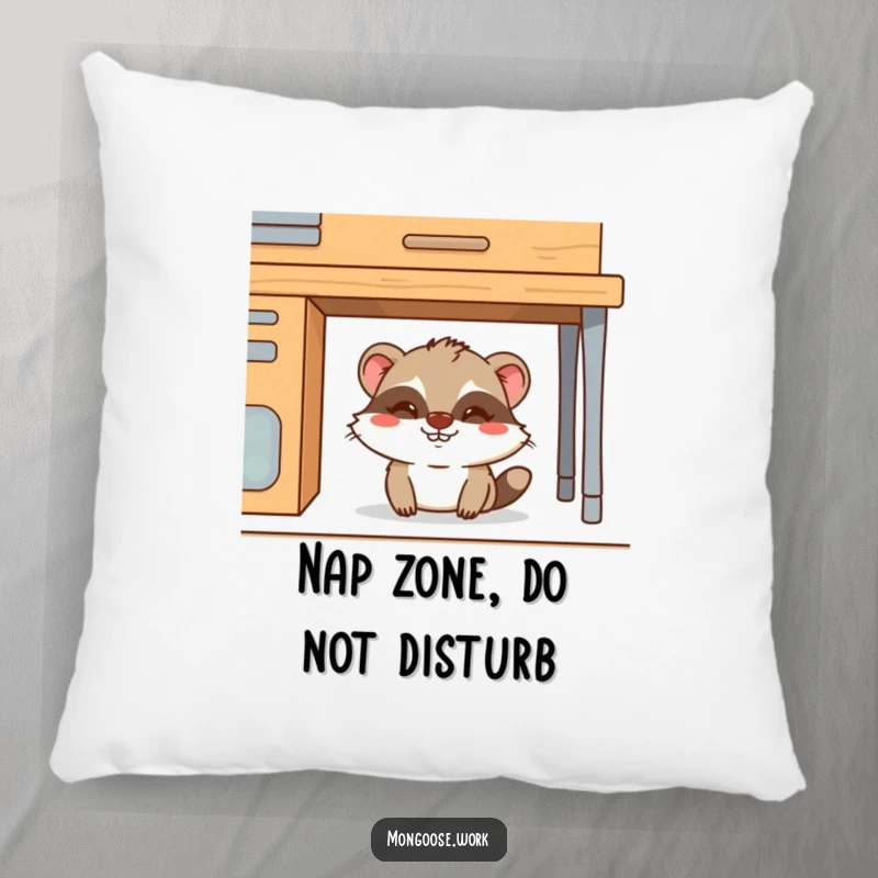 Funny Mongoose Pillow: A mischievous mongoose hiding under a desk, offering comfort and humor, ideal for funny gifts and cozy spaces.