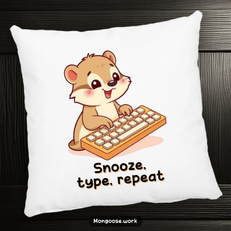 Funny Mongoose pillow, typing on large keyboard, cute tech decor, programmer comfort, perfect funny gift.