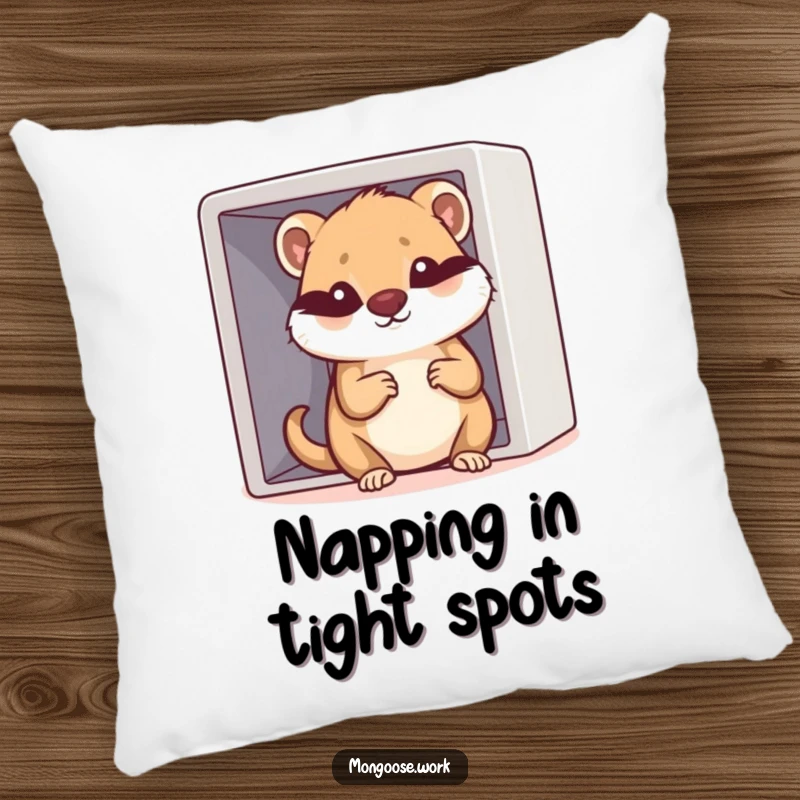 Funny Kawaii mongoose character trying to fit into a tiny cubicle, depicted on a soft pillow, offering humorous comfort.