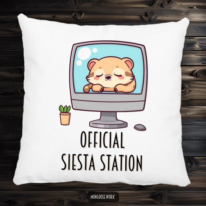 Funny Kawaii mongoose peacefully napping on a computer monitor, depicted on a soft pillow for ultimate comfort and humorous decor.