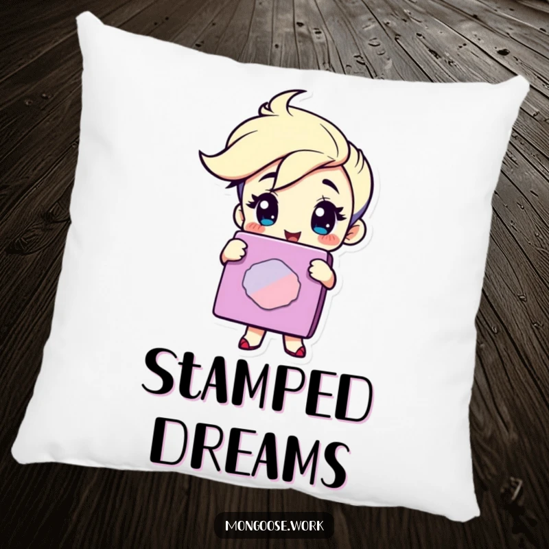 Funny Pillow: Soft cushion depicting a winking character holding a large rubber stamp, adding humor and approval.